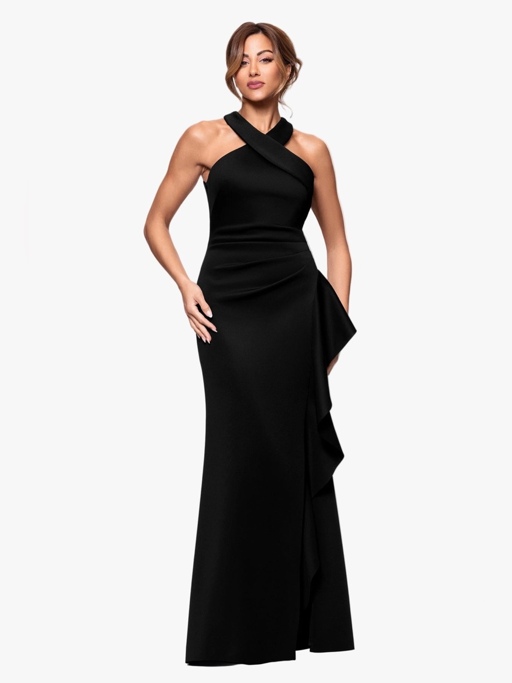 Xscape Black Halter Ruffled Maxi Dress